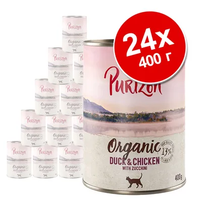24 банки по 400 г Purizon Organic Duck & Chicken with Zucchini. На упаковке: 13 % мясо и субпродукты. Изображён силуэт кошки.