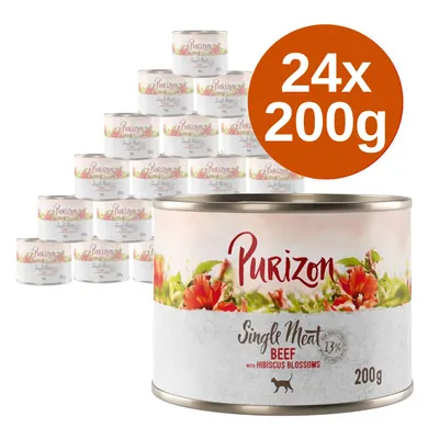 Purizon Single Meat Beef with Hibiscus Blossoms, 24 puszki po 200 g. Widoczna etykieta z nazwą produktu i grafiką hibiskusa.