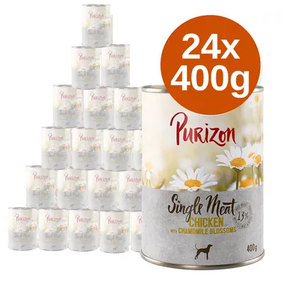 Purizon Single Meat Chicken with Chamomile Blossoms, zestaw 24 puszek po 400 g. Widoczna etykieta z rumiankiem i nazwą produktu.