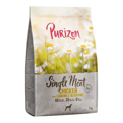 Purizon Single Meat Chicken with Camomile Blossoms, 65 % animalsk ingrediens, 35 % frugt og grønt, 0 % korn, 1 kg. Tekst på engelsk.