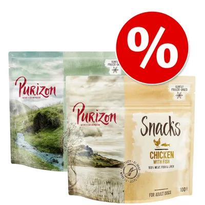 Purizon Snacks Chicken with Fish, 100 g, dla dorosłych psów. Opakowania z widocznym napisem 'Gently Freeze-Dried'. Czerwone kółko z symbolem procenta oznaczającym promocję. Purizon Snacks Chicken with Fish, 100 g, dla dorosłych psów. Opakowania z widocznym napisem 'Gently Freeze-Dried'. Czerwone kółko z symbolem procenta oznaczającym promocję.