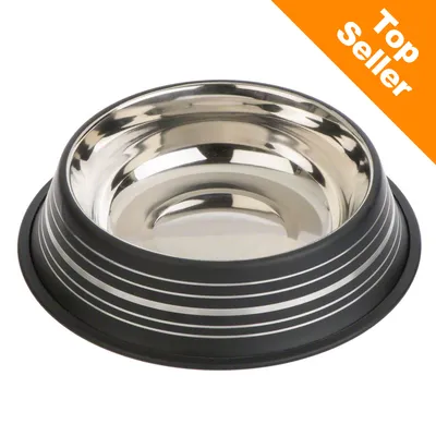 Metalskål med sorte og sølvfarvede striber, sort gummikant. Tekst i hjørnet: Top Seller.