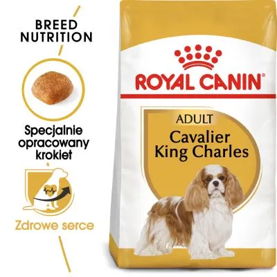 Opakowanie Royal Canin Adult Cavalier King Charles, tekst: Specjalnie opracowany krokiet, Zdrowe serce, zdjęcie psa rasy Cavalier King Charles Spaniel.