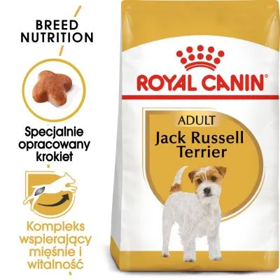 ROYAL CANIN ADULT Jack Russell Terrier, specjalnie opracowany krokiet, kompleks wspierający mięśnie i witalność. Opakowanie karmy z wizerunkiem psa tej rasy.