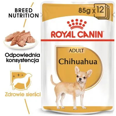 ROYAL CANIN ADULT Chihuahua 85 g x12, odpowiednia konsystencja, zdrowie sierści. Opakowanie karmy dla psów z wizerunkiem chihuahua.
