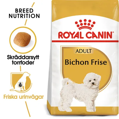 Royal Canin Adult Bichon Frise torrfoder, text: Skräddarsytt torrfoder, Friska urinvägar, bild på foderbit och vit hund. Breed Nutrition.