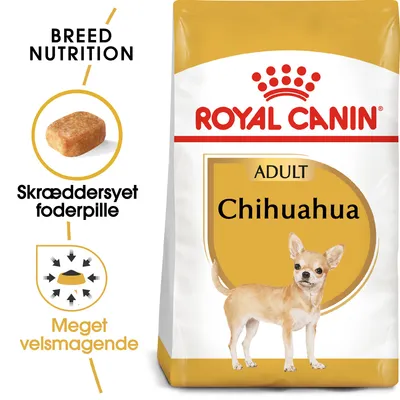 Royal Canin Adult Chihuahua tørfoder, billede af foderpille, teksten 'Breed Nutrition', 'Skræddersyet foderpille' og 'Meget velsmagende' vises på emballagen.
