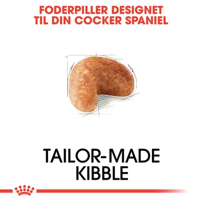 Foderpiller designet til din Cocker Spaniel. TAILOR-MADE KIBBLE. Billede af en enkelt foderpille med tekst på dansk og engelsk.