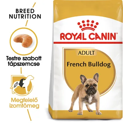 ROYAL CANIN ADULT French Bulldog kutyatáp csomag, testre szabott tápszemcse, megfelelő izomtömeg feliratokkal és francia bulldog képpel