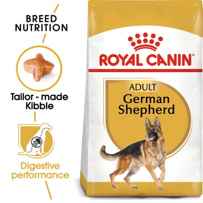 Breed nutrition with tailor-made kibble and digestive performance features for adult German Shepherd, as shown on Royal Canin packaging.