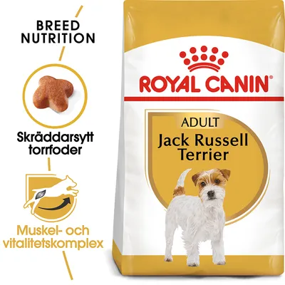 Royal Canin Adult Jack Russell Terrier torrfoder, text: Skräddarsytt torrfoder, Muskel- och vitalitetskomplex, bild på foderbit och hundrasen Jack Russell Terrier.