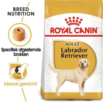 ROYAL CANIN ADULT Labrador Retriever hondenvoer, tekst: Breed Nutrition, Specifiek afgestemde brokken, Ideaal gewicht. Afbeelding van een Labrador en een brok.