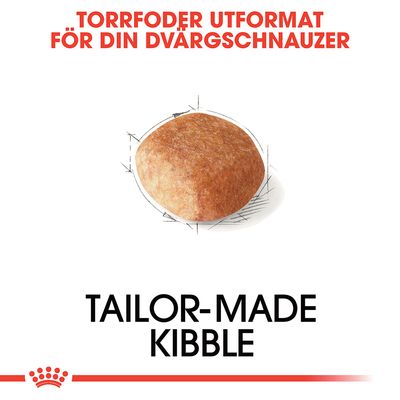Text: Torrfoder utformat för din dvärgschnauzer. Bild på ett torrfoderkorn. Text: Tailor-made kibble.