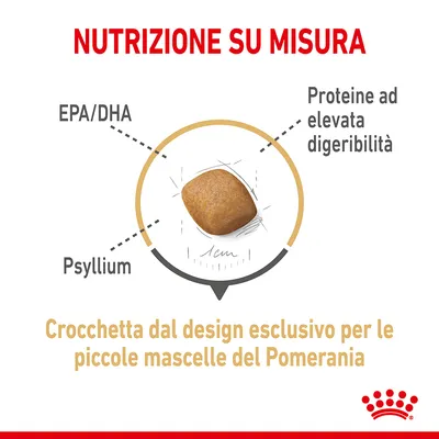 Crocchetta con EPA/DHA, psyllium, proteine ad elevata digeribilità. Testo: Crocchetta dal design esclusivo per le piccole mascelle del Pomerania. Nutrizion su misura.