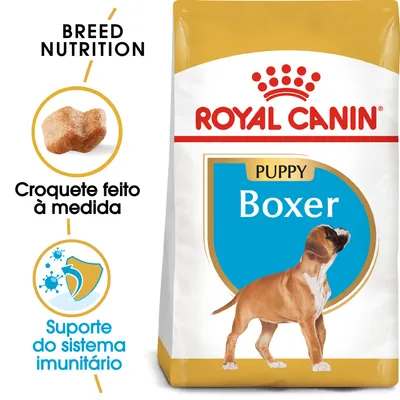 Royal Canin Puppy Boxer, croquete feito à medida, suporte do sistema imunitário. Embalagem de ração para cachorros Boxer com imagem de cão e texto em inglês e português.
