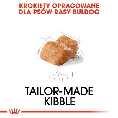 Krokiety opracowane dla psów rasy buldog, widoczny pojedynczy krokiet z miarką 1 cm. Tekst: TAILOR-MADE KIBBLE.