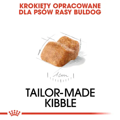 Krokiety opracowane dla psów rasy buldog, widoczny pojedynczy krokiet z miarką 1 cm. Tekst: TAILOR-MADE KIBBLE.