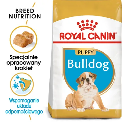 Karma Royal Canin Puppy Bulldog, opakowanie z wizerunkiem szczeniaka buldoga. Tekst: Specjalnie opracowany krokiet, Wspomaganie układu odpornościowego.