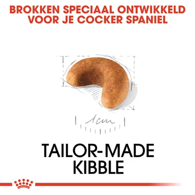 Brokken speciaal ontwikkeld voor je Cocker Spaniel, afbeelding van een brok met maatindicatie 1 cm, tekst: TAILOR-MADE KIBBLE.