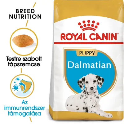 ROYAL CANIN Puppy Dalmatian kutyatáp csomagolás, testre szabott tápszemcse, az immunrendszer támogatása feliratokkal
