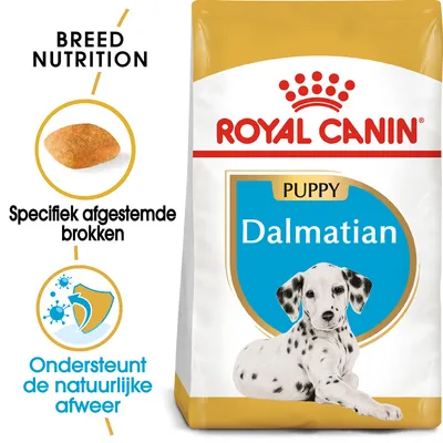 ROYAL CANIN Puppy Dalmatian hondenvoer, specifiek afgestemde brokken, ondersteunt de natuurlijke afweer. Tekst: BREED NUTRITION, Specifiek afgestemde brokken, Ondersteunt de natuurlijke afweer.