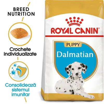 Pachet ROYAL CANIN Puppy Dalmatian, text vizibil: Crochete individualizate, Consolidează sistemul imunitar. Imagine cu o croșetă și un cățel dalmațian pe ambalaj.