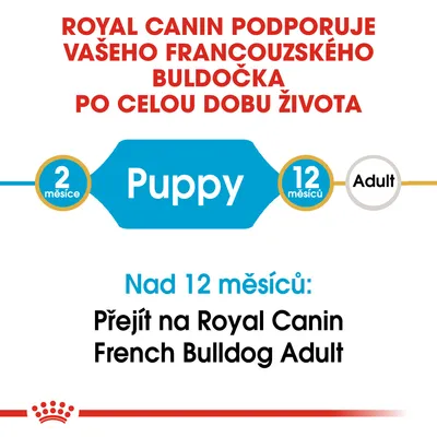 Royal Canin podporuje vašeho francouzského buldočka po celou dobu života. Nad 12 měsíců: Přejít na Royal Canin French Bulldog Adult.