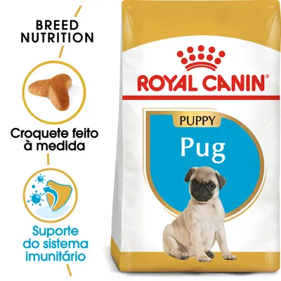 Royal Canin Puppy Pug, croquete feito à medida, suporte do sistema imunitário. Embalagem com imagem de um cachorro pug e texto Breed Nutrition. Royal Canin Puppy Pug, croquete feito à medida, suporte do sistema imunitário. Embalagem com imagem de um cachorro pug e texto Breed Nutrition.
