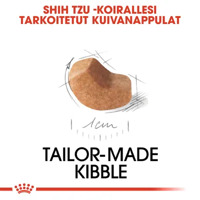 Shih Tzu -koirallesi tarkoitetut kuivanappulat, nappulan koko noin 1 cm. Teksti: TAILOR-MADE KIBBLE.