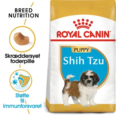 Royal Canin Puppy Shih Tzu tørfoder, billede af foderpille, tekst: Skræddersyet foderpille, Støtte til immunforsvaret, Breed Nutrition, billede af Shih Tzu-hvalp på posen