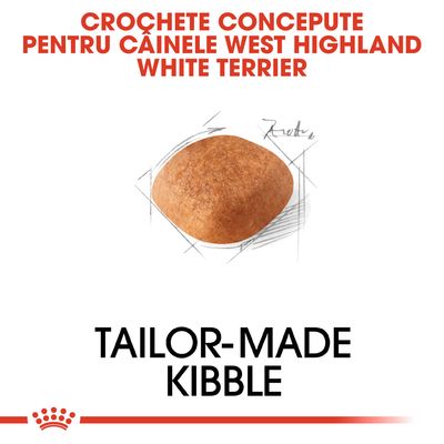Crochete concepute pentru câinele West Highland White Terrier. Tailor-made kibble. Imagine cu o croșetă pe fundal alb.
