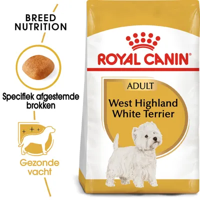 Royal Canin Adult West Highland White Terrier hondenvoer, tekst: Specifiek afgestemde brokken, Gezonde vacht, afbeelding van een West Highland White Terrier en brokjesvorm.