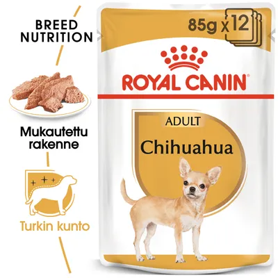 Royal Canin Adult Chihuahua 85 g x12. Mukautettu rakenne, turkin kunto. BREED NUTRITION. Kuvassa chihuahua ja annos ruokaa.