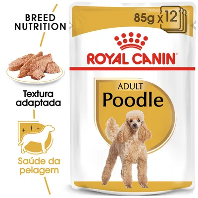 Royal Canin Adult Poodle, 85 g x12. Textos visíveis: Breed Nutrition, Textura adaptada, Saúde da pelagem. Imagem de comida húmida e cão Poodle na embalagem.