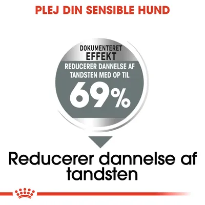 PLEJ DIN SENSIBLE HUND. Dokumenteret effekt: reducerer dannelse af tandsten med op til 69 %. Reducerer dannelse af tandsten.