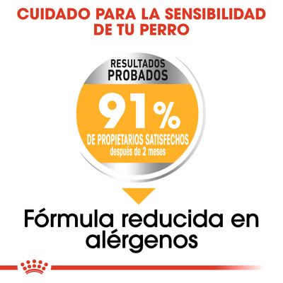 Cuidado para la sensibilidad de tu perro. Resultados probados: 91 % de propietarios satisfechos después de 2 meses. Fórmula reducida en alérgenos.
