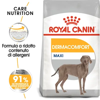 Royal Canin Dermacomfort Maxi, formula a ridotto contenuto di allergeni, 91% dei proprietari si ritiene soddisfatto dopo 2 mesi, immagine di un cane sul sacco.