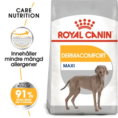 Royal Canin Dermacomfort Maxi hundfoder. Text: Innehåller mindre mängd allergener, 91 % nöjda ägare efter 2 månader, Care Nutrition, bevisade resultat.