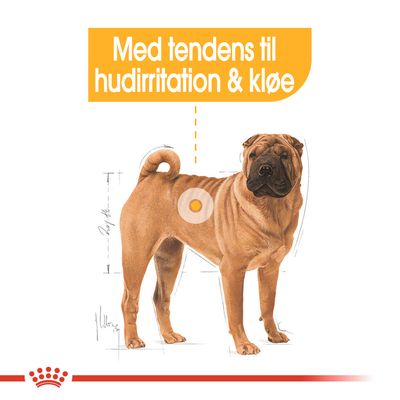Hund med tekst: Med tendens til hudirritation & kløe. Illustreret markering på hundens side.