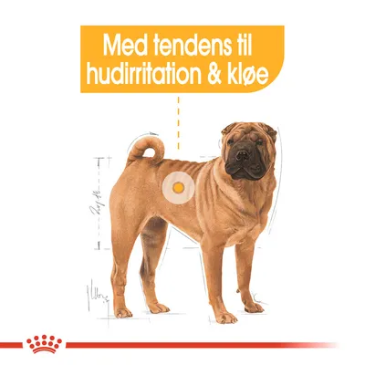 Hund med tekst: Med tendens til hudirritation & kløe. Illustreret markering på hundens side.