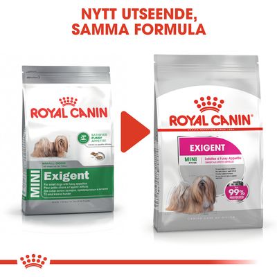 Royal Canin Mini Exigent hundfoder, bild på gammal och ny förpackning. Text: Nytt utseende, samma formula. Synlig text: Satisfies fussy appetite, 99 % preferred.