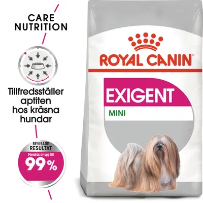 Royal Canin Exigent Mini hundfoder. Text: Tillfredsställer aptiten hos kräsna hundar. Bevisade resultat: föredras av upp till 99 %. Bild på liten långhårig hund.
