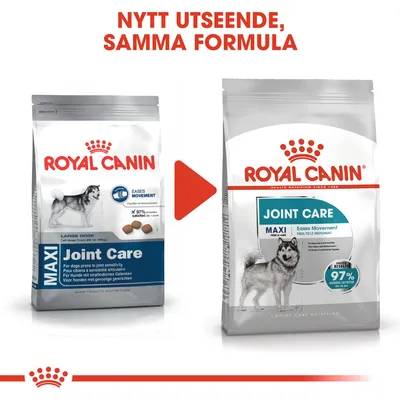 Royal Canin Joint Care Maxi hundfoder, bild på gammal och ny förpackning. Text: Nytt utseende, samma formula. 97 % ägare nöjda enligt synlig märkning.