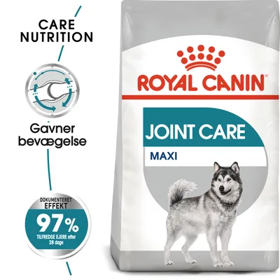 ROYAL CANIN JOINT CARE MAXI hundefoder, tekst: Gavner bevægelse, dokumenteret effekt 97 % tilfredse ejere efter 28 dage, billede af stor hund på pakken