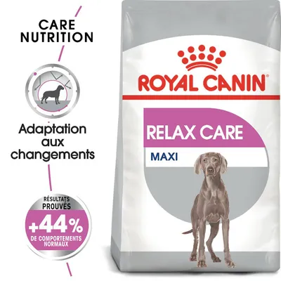 Sachet Royal Canin Relax Care Maxi, adaptation aux changements, résultats prouvés +44 % de comportements normaux, illustration d’un chien sur l’emballage