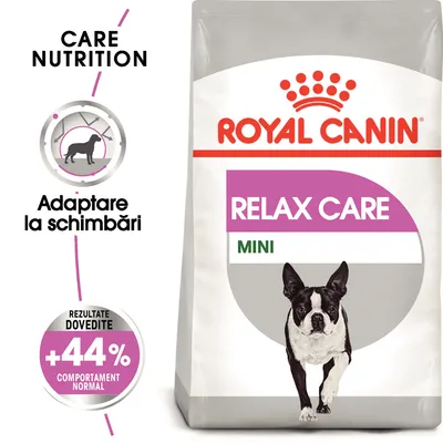 Pachet hrană pentru câini Royal Canin Relax Care Mini. Text vizibil: Care Nutrition, Adaptare la schimbări, Rezultate dovedite +44% comportament normal.