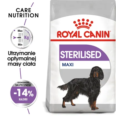 ROYAL CANIN STERILISED MAXI, utrzymanie optymalnej masy ciała, udowodniona skuteczność -14% kalorii. Opakowanie z ilustracją dużego psa.