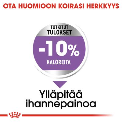 Ota huomioon koirasi herkkyys. Tutkitut tulokset: -10 % kaloreita. Ylläpitää ihannepainoa.