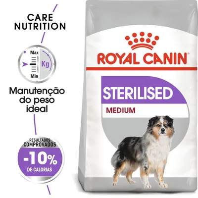Royal Canin STERILISED MEDIUM, manutenção do peso ideal, resultados comprovados -10% de calorias, embalagem com imagem de cão. Texto visível: CARE NUTRITION.
