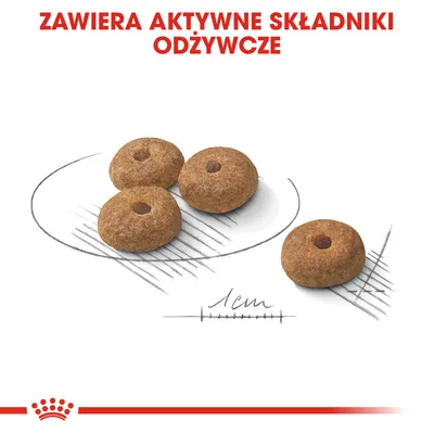 Cztery okrągłe granulki karmy o średnicy około 1 cm, tekst: ZAWIERA AKTYWNE SKŁADNIKI ODŻYWCZE.